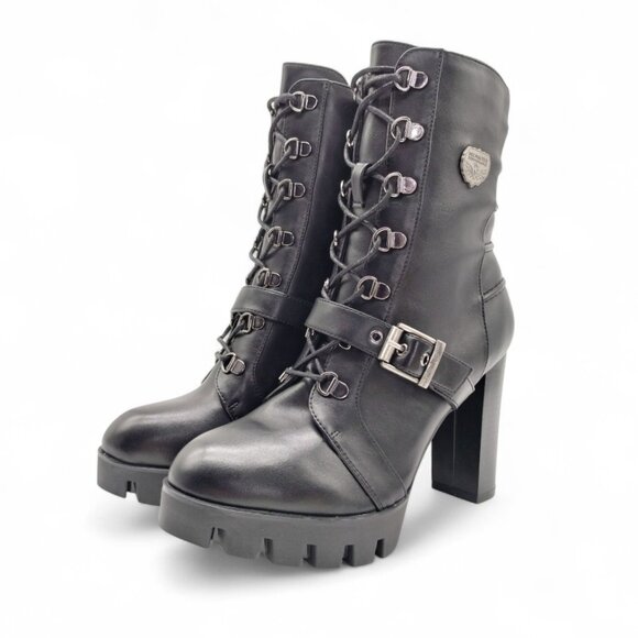 Milwaukee Women's Size 9 Black Leather Lace Up Block Heel Buckle Strap Moto Boot - Picture 2 of 14